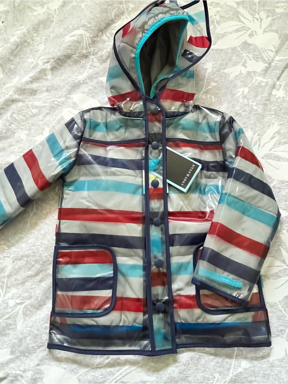 Andy & Evan Striped Hooded Rain Jacket in Red, Blue, Teal, Gray